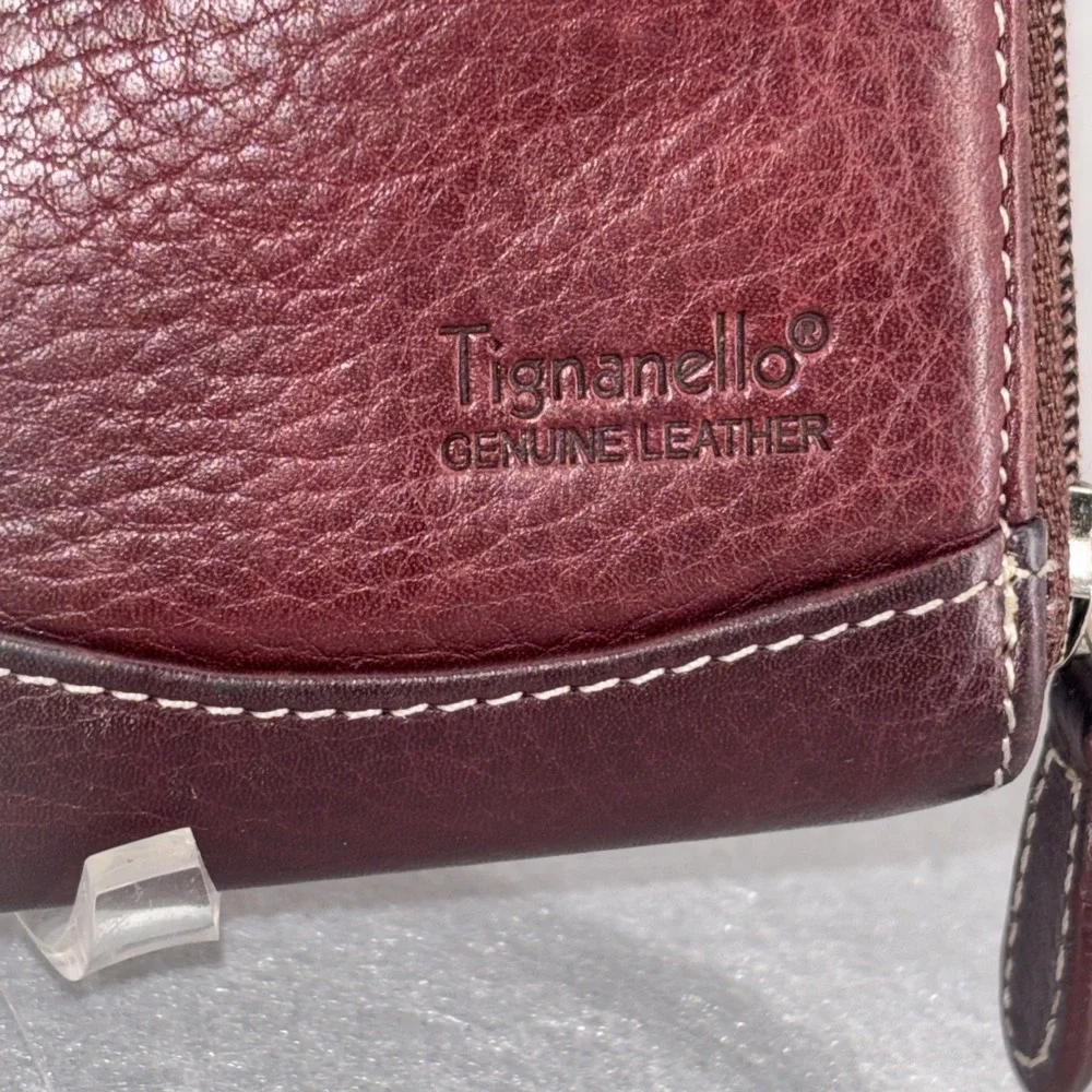 TIGNANELLO Two Tone Burgundy Leather Zip Around Wallet  Card Slots Key Ring EUC